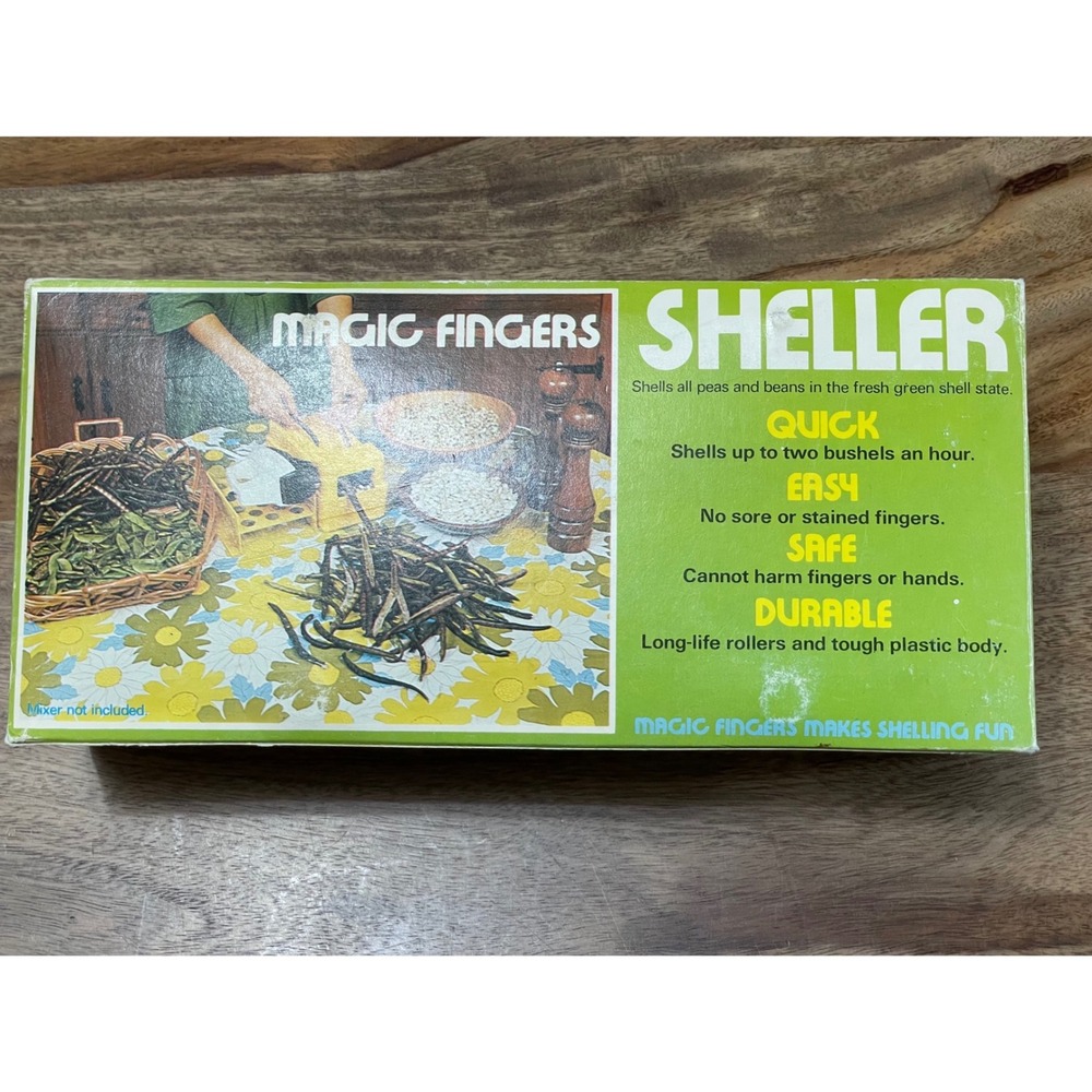New Magic Fingers Sheller Pea Bean Huller MF5711 Yellow Vtg 1977 Kitchen Tool